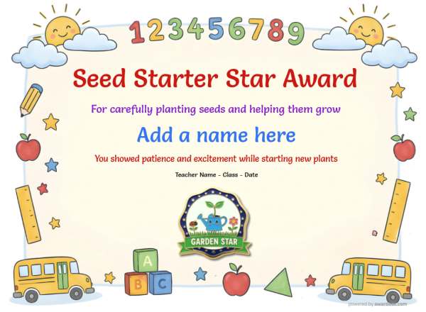 Seed Starter Star Award Certificate for Kindergarten,Early Elementary Seed Starter Star award certificate design for children age 5 to 8, featuring a border of classroom items such as pencils and rulers and a sunny cloud, including a garden star medal.