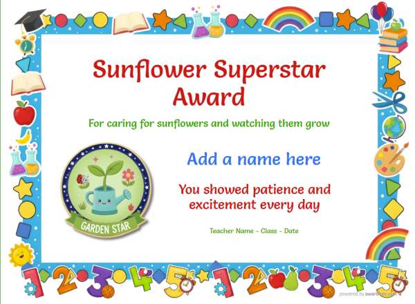 Sunflower Superstar Award Certificate for Kindergarten,Early Elementary Sunflower Superstar award certificate design for children age 5 to 12, featuring a blue border with multiple classroom and school icons and numbers. Includes a feature garden star medallion with waterinmg can.