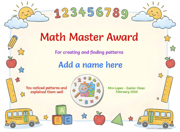 Math Master Award Certificate for Kindergarten,Early Elementary Math Master Award certificate design for children age 5 to 12, featuring a loose border of graphic images of sunshine and clouds with rulers and school buses.