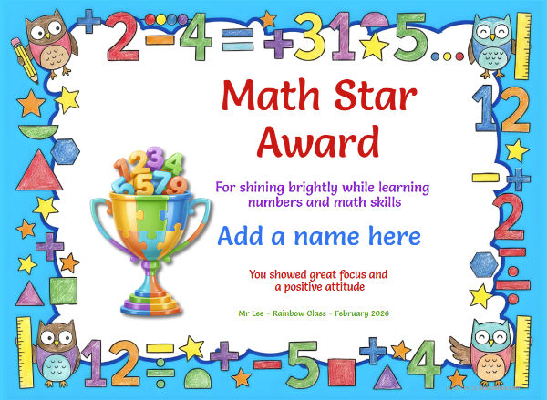 Star Math Award Certificate for Kindergarten,Early Elementary Star Math Award certificate design for children age 5 to 8, featuring a solid blue border with hand drawn numbers and formulas, a colorful trophy decoration stuffed with 3d numbers.