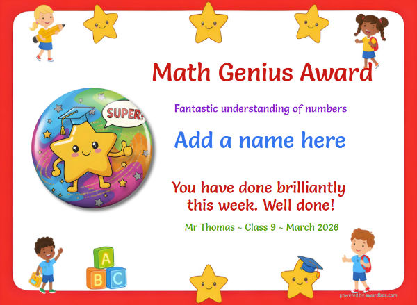 Math Genius Award Certificate for Kindergarten,Early Elementary Math Genius Award certificate design for children age 5 to 12, featuring a simple red border speckled with fun stars and happy waving children. Dominated by a big and colorful star badge.