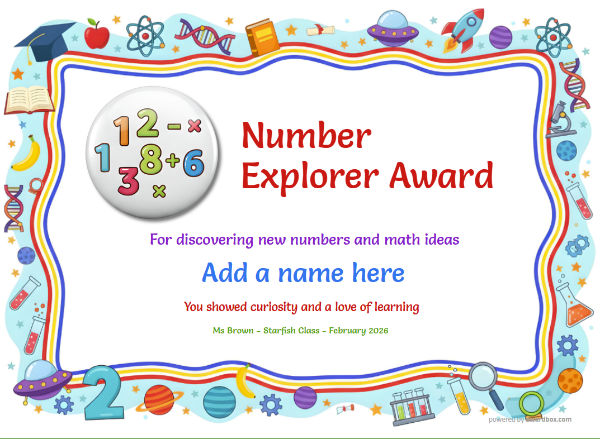 Number Explorer Award Certificate for Kindergarten,Early Elementary Number Explorer Award certificate design for children age 5 to 11, featuring a wiggly fun border with colorful school shapes and rockets, books and chemistry icons. Includes a big number badge decoration.