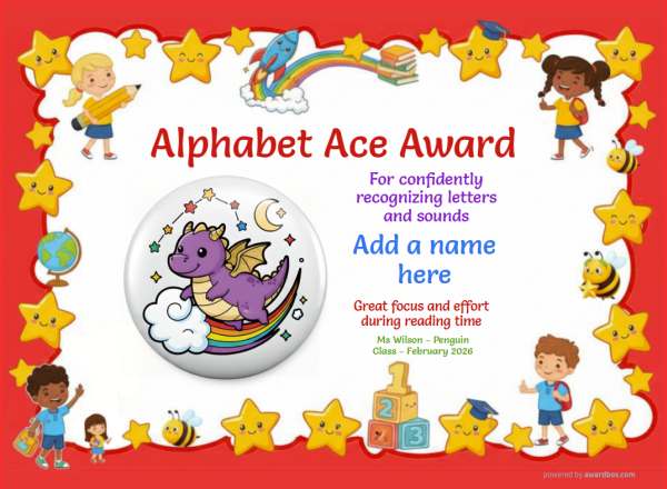 Alphabet Ace Award Certificate for Kindergarten,Early Elementary Alphabet Ace Award certificate design for children age 5 to 12, featuring a strong red border populated with smiley stars and happy children. Includes a fun colorful dragon badge.
