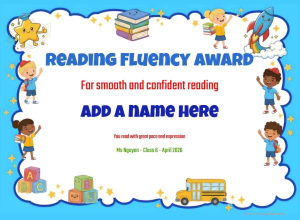 Reading Fluency Award Certificate for Kindergarten,Early Elementary Reading Fluency Award certificate design for children age 5 to 12, featuring a solid blue border decorated with happy children and school bus, with a feature.