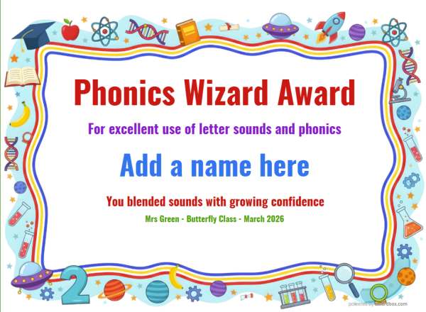 Phonics Wizard Award Certificate for Kindergarten,Early Elementary Phonics Wizard Award certificate design for children age 5 to 12, featuring a wriggly red,yellow,blue border with multiple classroom and school icons and numbers.