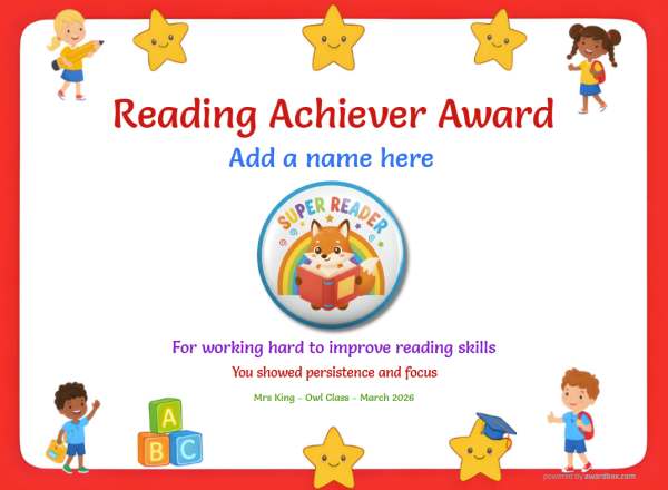 Reading Achiever Award Certificate for Kindergarten,Early Elementary Reading Achiever Award certificate design for children age 5 to 12, featuring a simple red border speckled with fun stars and happy waving children. Includes a fun and colorful fox reading a book badge.