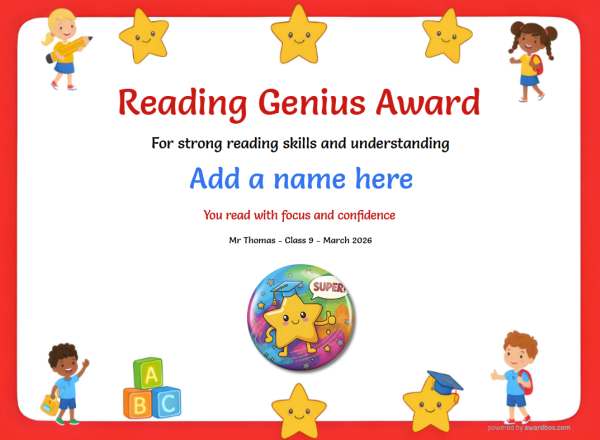 Reading Genius Award Certificate for Kindergarten,Early Elementary Reading Genius Award certificate design for children age 5 to 12, featuring a simple red border speckled with fun stars and happy waving children. Includes a fun and colorful star badge.