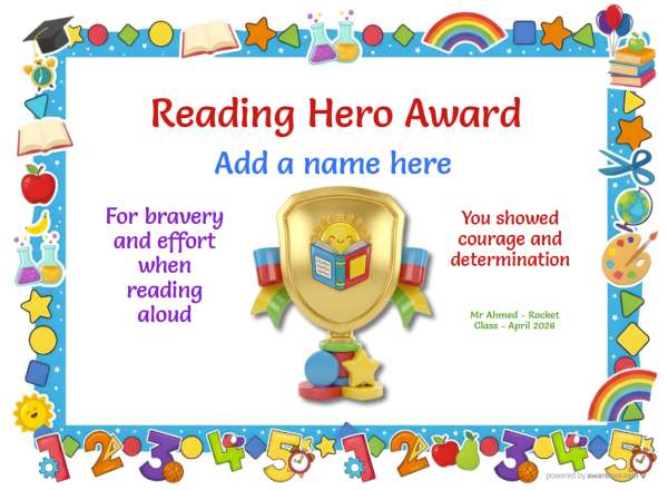 Reading Hero Award Certificate for Kindergarten,Early Elementary Reading Hero Award certificate design for children age 5 to 12, featuring a blue border with multiple classroom and school icons and numbers. Includes a feature large gold sheild trophy with sun reading a book.