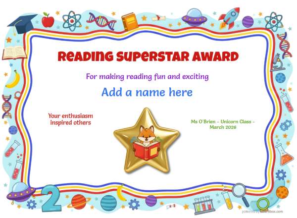 Reading Superstar Award Certificate for Kindergarten,Early Elementary Reading Superstar Award certificate design for children age 5 to 12, featuring a wriggly red,yellow,blue border with multiple classroom and school icons and numbers.Includes a giant gold star.