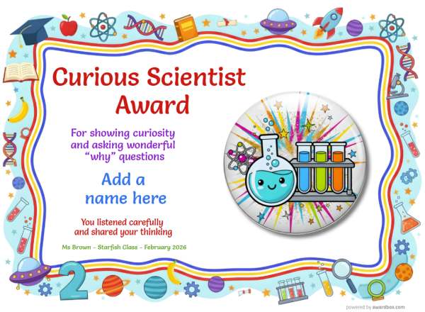 Curious Scientist Award Certificate for Kindergarten, Early Elementary Curious Scientist Award certificate design for children age 5 to 11, featuring a wiggly fun border with colorful school shapes and rockets, books and chemistry icons. Features a giant colorful badge with chemistry images