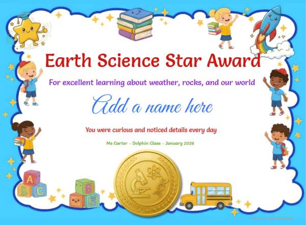 Earth Science Star Award Certificate for Kindergarten, Early Elementary Earth Science Star Award certificate design for children age 5 to 12, featuring a solid blue border decorated with happy children, icons of school bus and rockets with a gold medallion.