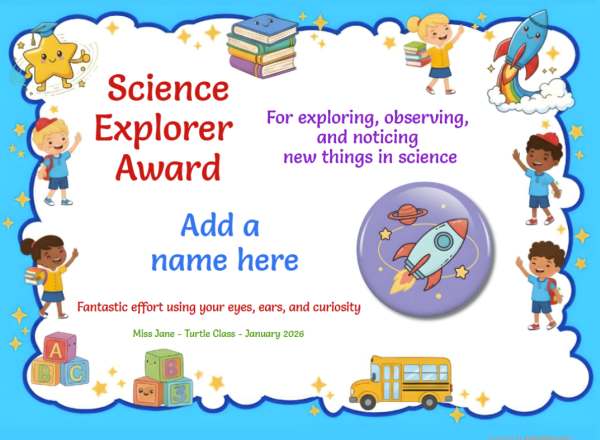 Science Explorer Award Certificate for Kindergarten, Early Elementary Science Explorer Award certificate design for children age 5 to 9, featuring a solid blue border decorated with happy children, icons of school bus and rockets with a feature rocket badge.
