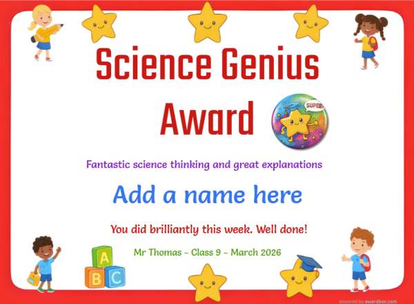 Science Genius Award Certificate for Kindergarten, Early Elementary Science Genius Award certificate design for children age 5 to 12, featuring a simple red border speckled with fun stars and happy waving children. Includes a colorful super star badge.