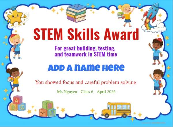 STEM Skills Award Certificate for Kindergarten, Early Elementary STEM Skills Award certificate design for children age 5 to 12, featuring a solid blue border decorated with happy children, icons of school bus and rockets.