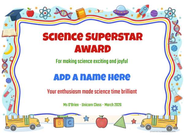 Science Superstar Award Certificate for Kindergarten, Early Elementary Science Superstar Award certificate design for children age 5 to 12, featuring a wiggly fun border with colorful school shapes and rockets, books and chemistry icons.