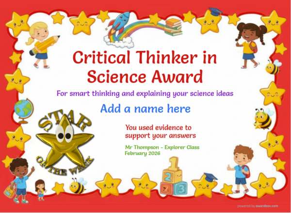 Critical Thinker in Science Award Certificate for Kindergarten, Early Elementary Critical Thinker in Science Award certificate design for children age 5 to 12, featuring a heavy red border with stars and happy cartoon children. Includes a gold star of the week medal.