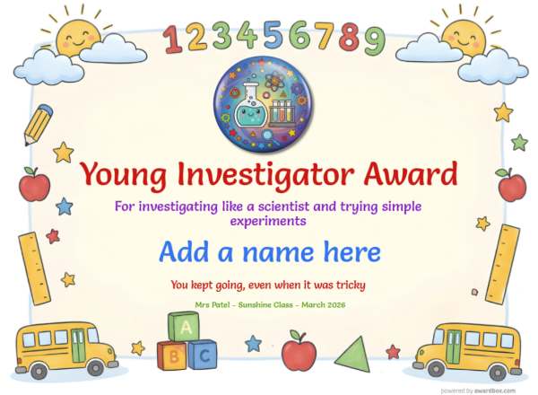Young Investigator Award Certificate for Kindergarten, Early Elementary Young Investigator Award certificate design for children age 5 to 10, featuring a loose border of graphic images of sunshine and clouds with rulers and school buses. Includes a purple badge with chemistry icons.