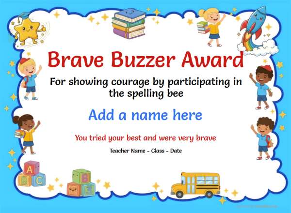 Brave Buzzer Award Certificate for Kindergarten,Early Elementary Brave Buzzer spelling bee award certificate design for children age 5 to 12, featuring a blue border with multiple classroom and school icons and numbers.