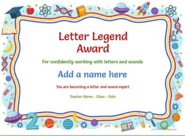 Letter Legend Award Certificate for Kindergarten,Early Elementary Letter Legend spelling bee award certificate design for children age 5 to 12, featuring a wriggly red,yellow,blue border with multiple classroom and school icons and numbers.