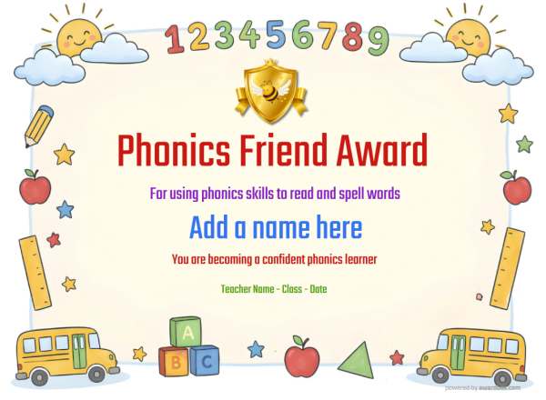 Phonics Friend Award Certificate for Kindergarten,Early Elementary Phonics Friend spelling bee award certificate design for children age 5 to 12, featuring a border of classroom items such as pencils and rulers and a sunny cloud, including a gold shield with a central bumblebee.