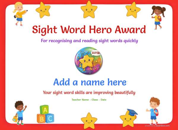Sight Word Hero Award Certificate for Kindergarten,Early Elementary Sight Word Hero spelling bee award certificate design for children age 5 to 12, featuring a simple red border speckled with fun stars and happy waving children. Featuring a colorful superman badge.