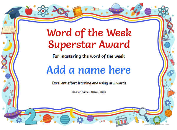 Word of the Week Superstar Award Certificate for Kindergarten,Early Elementary Word of the Week Superstar spelling bee award certificate design for children age 5 to 12, featuring a wiggly fun border with stars, books, pencils.