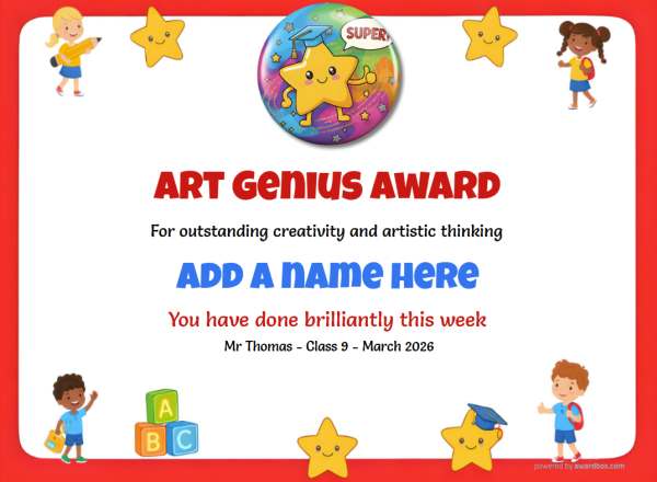 Printable Art Genius certificate with classroom art icons and star badge.