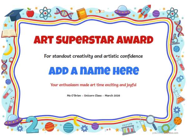 Printable Art Superstar certificate with colorful art border and star badge.