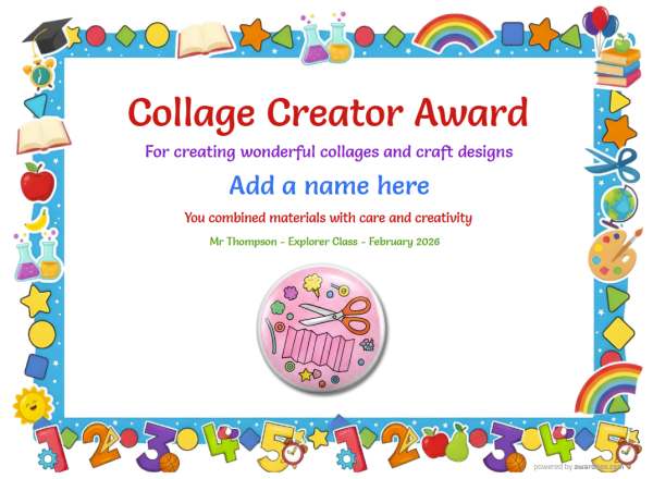 Printable Collage art certificate with scissors and craft icons.