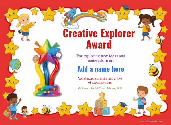 Printable Creative Explorer art certificate with pencil and sketch icons.