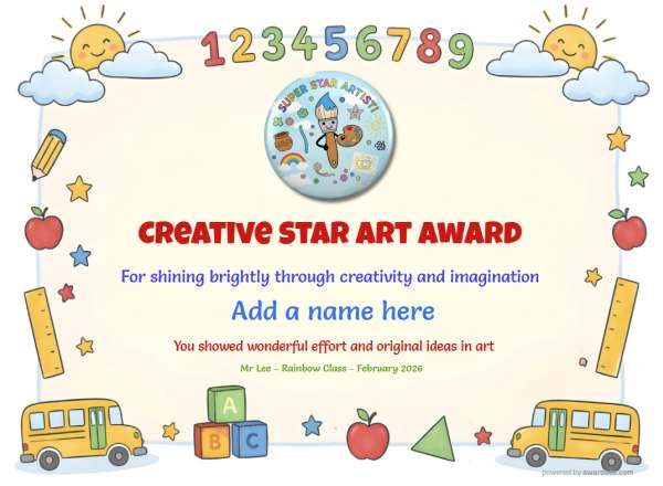 Printable Creative Star art certificate with colorful border and paint palette badge.