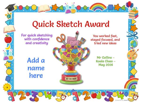 Printable Sketch art certificate with brushes and art icons.