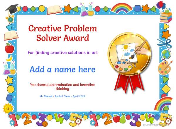 Printable Super Creative art certificate with paint icons and star badge.