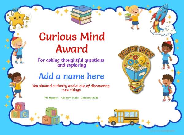 Printable Curious Student encouragement certificate with bright border and supportive classroom design.