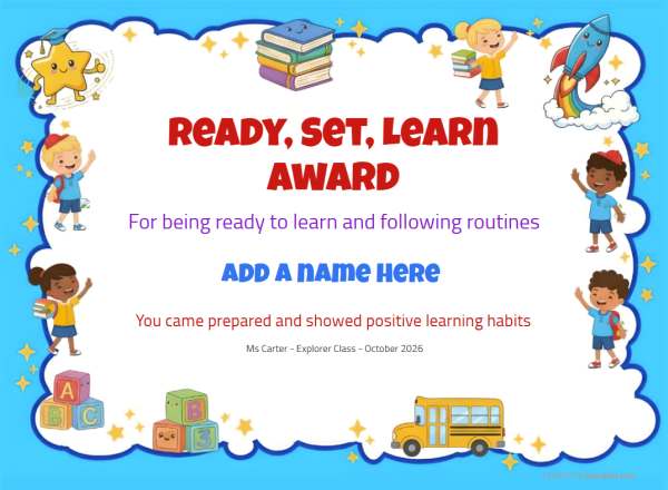 Printable Learning encouragement certificate with school-themed border and supportive graphics.
