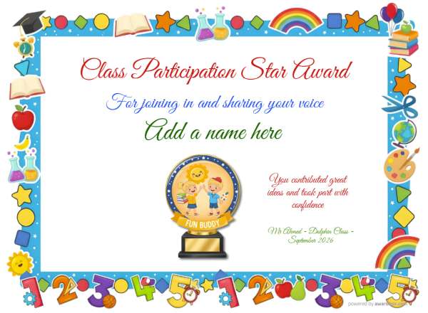 Printable Participation Star encouragement certificate with bright classroom border and school-themed badge.