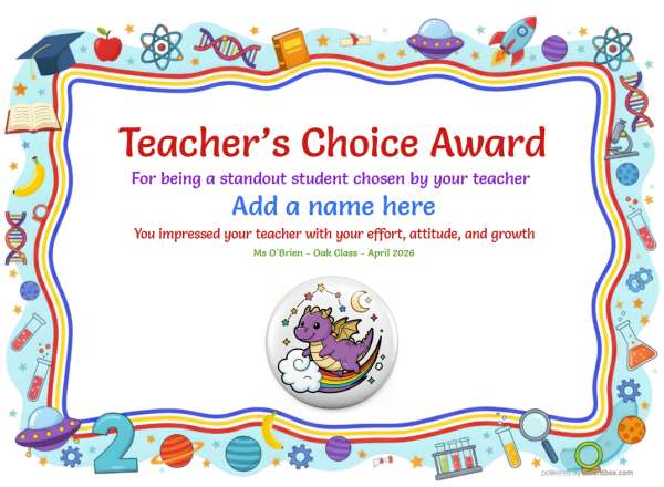 Printable Teachers Choice encouragement certificate with colorful school-themed border and large star badge.