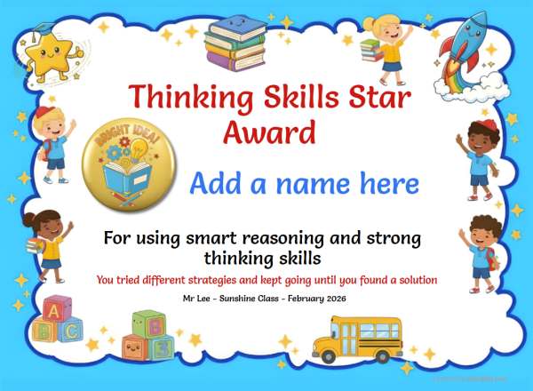 Printable Thinking Skills encouragement certificate with colorful school-themed border and friendly design.