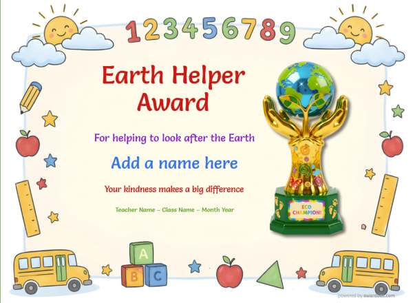 Printable Eco Helper environmental certificate with school-themed border and environmental badge graphic.