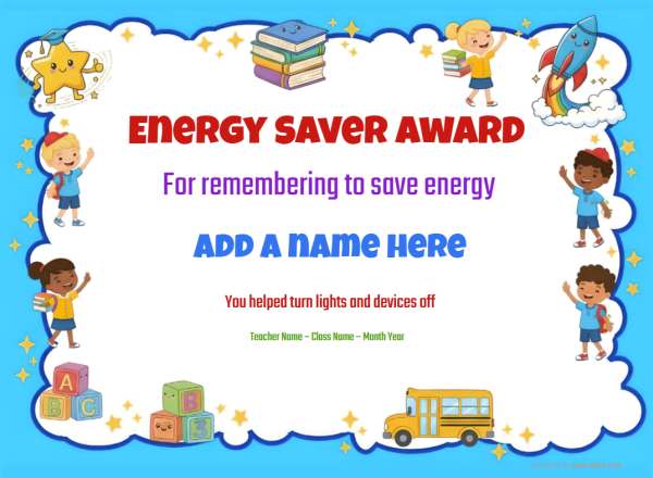 Printable Energy Saver environmental certificate with nature-themed border and bright school design.