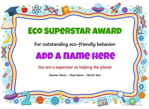 Printable Environmental Superstar certificate with colorful eco border and large star badge.