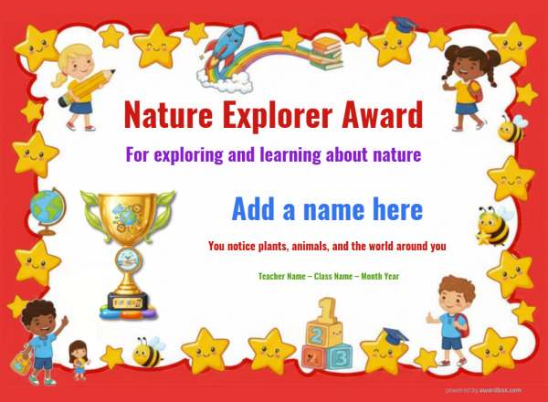 Printable Nature Explorer environmental certificate with bright environmental design and student-friendly border.