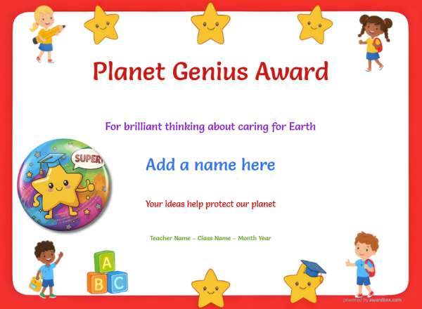 Printable Planet Genius environmental certificate with environmental graphics and bright border.