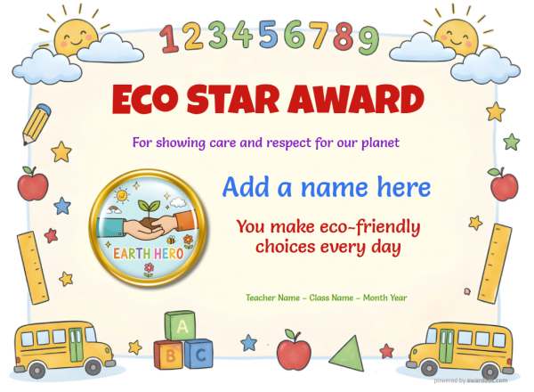 Printable Recycling Star environmental certificate with colorful environmental graphics and school-themed border.