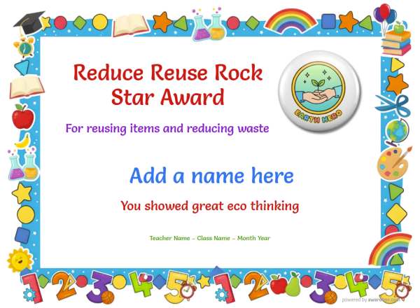 Printable Reduce Reuse environmental certificate with eco-themed border and student-friendly badge decoration.