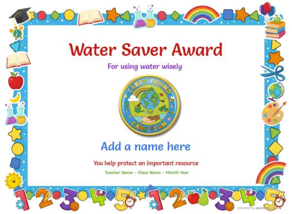 Printable Water Saver environmental certificate with eco-themed border and colorful medal graphic.