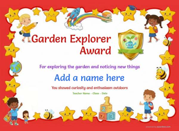 Printable Garden Explorer gardening certificate with bright border, children, and watering can graphic.