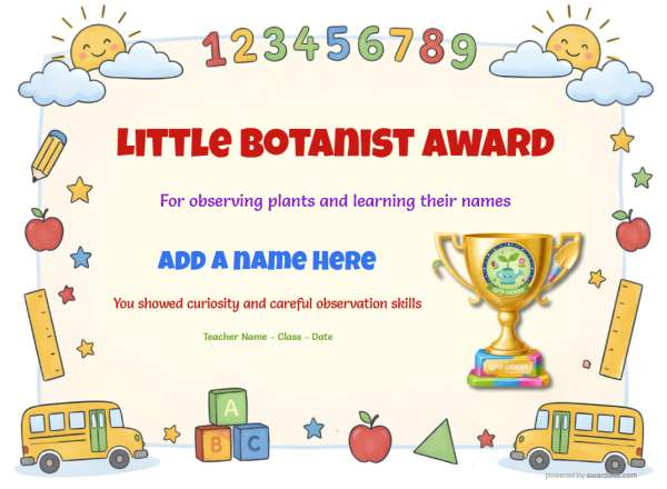 Printable Little Botanist gardening certificate with gardening trophy and colorful border.