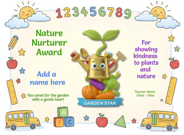 Printable Nature Nurturer gardening certificate with border and watering can trophy design.