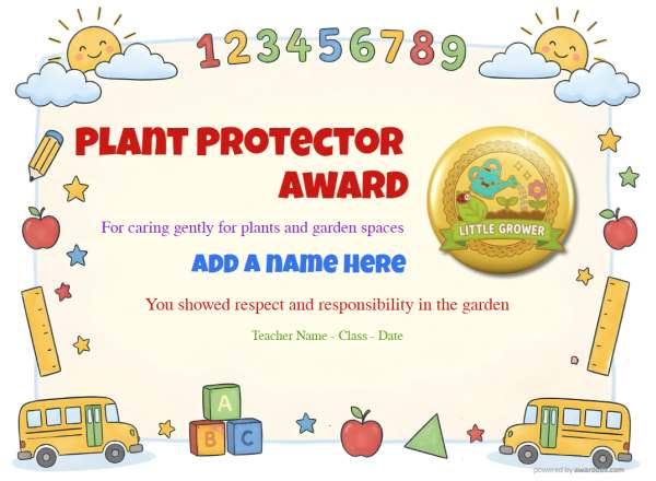 Printable Plant Protector gardening certificate with sunny garden design and badge.
